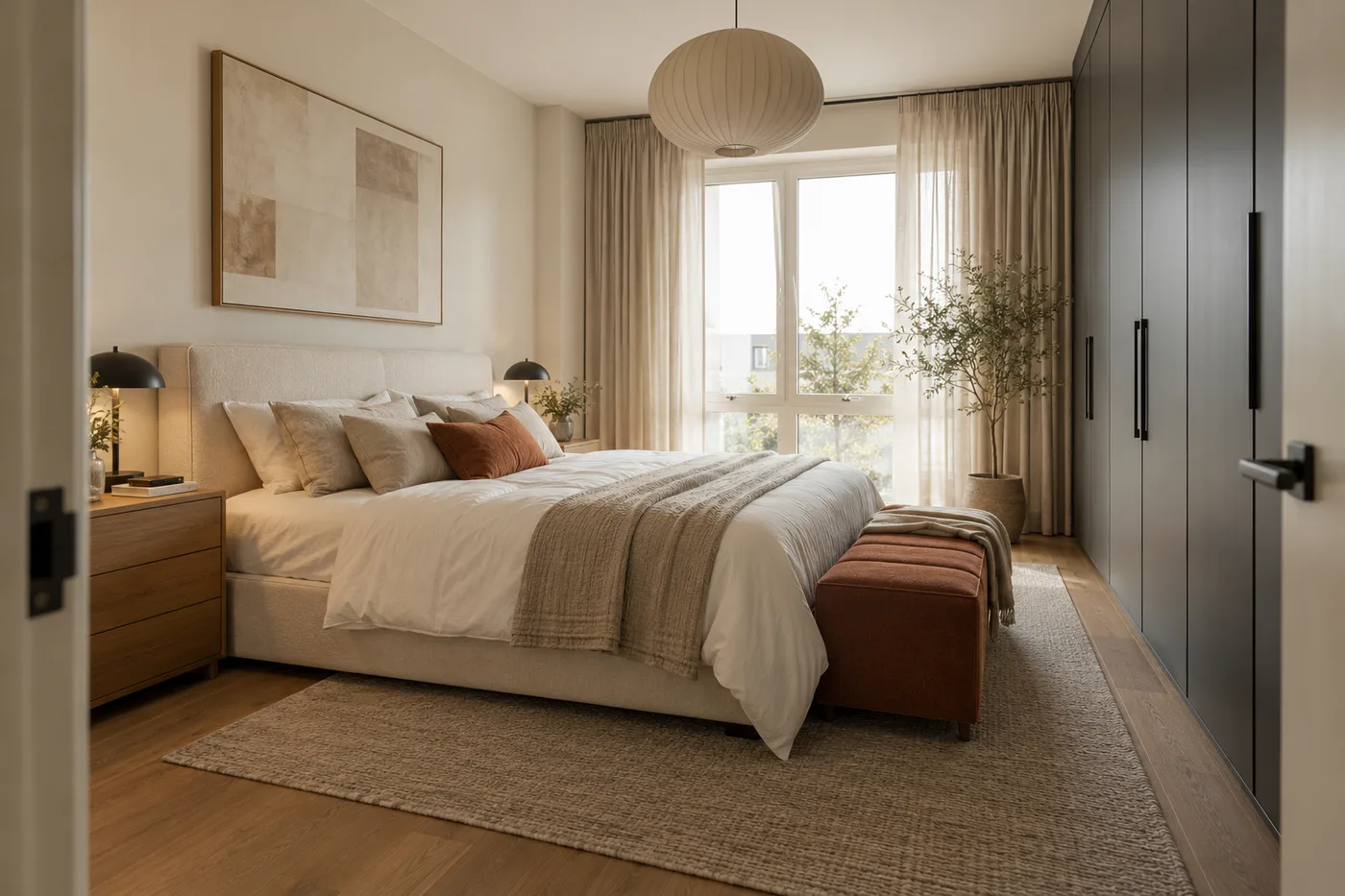 Концепция спальни со светлой кроватью, графитовыми шкафами и терракотовой банкеткой